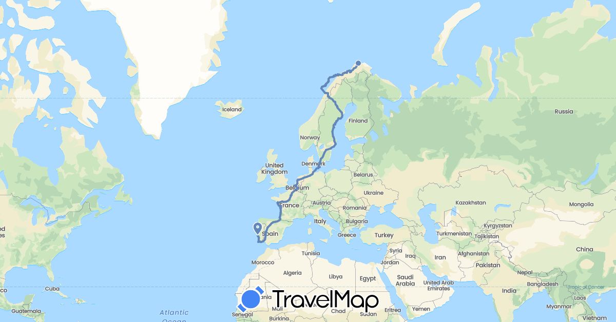 TravelMap itinerary: driving, cycling in Belgium, Germany, Denmark, Spain, France, Netherlands, Norway, Portugal, Sweden (Europe)