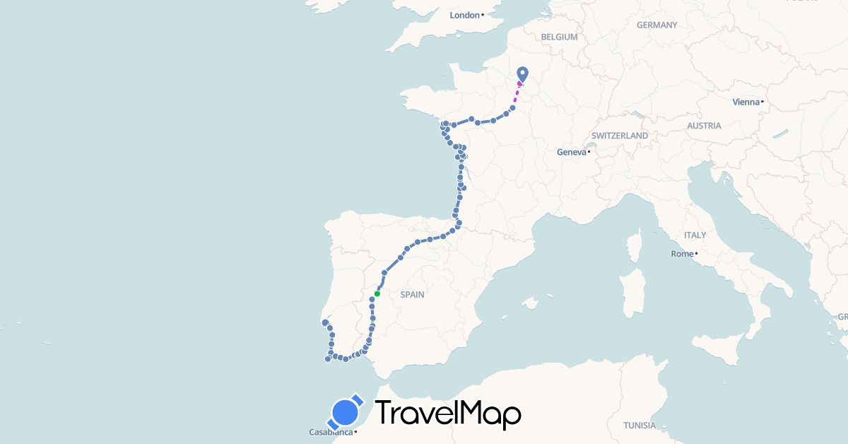 TravelMap itinerary: bus, cycling, train in Spain, France, Portugal (Europe)